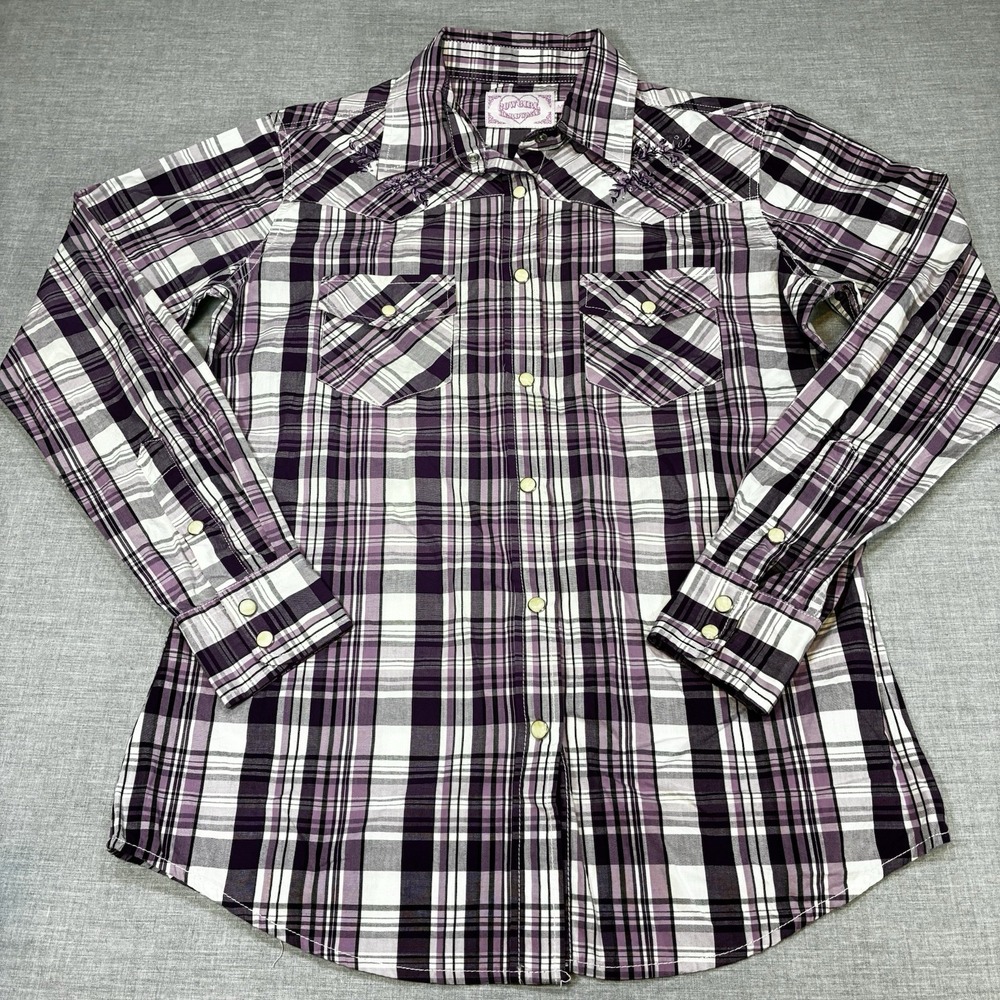 Cowgirl Hardware Purple Plaid Western Snap Shirt Embroidered Cotton Women's M